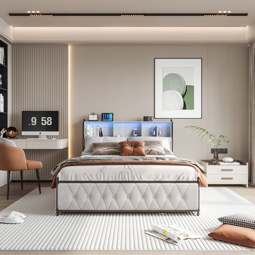 Lit 160 X 200 Cm Avec Base LED Et USB, 4 Tiroirs, Tête De Lit Avec Rangement, Velours, Beige