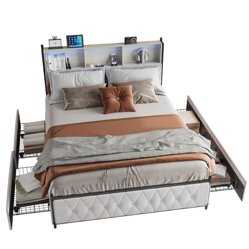 Lit 160 X 200 Cm Avec Base LED Et USB, 4 Tiroirs, Tête De Lit Avec Rangement, Velours, Beige