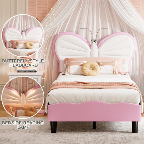 Lit Enfant Rembourré 90x200cm Avec Tête De Lit Réglable, Facile à Monter, Blanc, Rose