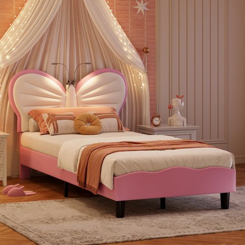 Lit Enfant Rembourré 90x200cm Avec Tête De Lit Réglable, Facile à Monter, Blanc, Rose