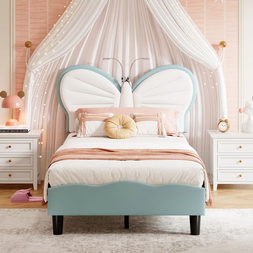 Lit Enfant Rembourré 90x200cm Avec Tête De Lit Réglable, Facile à Monter, Blanc,bleu