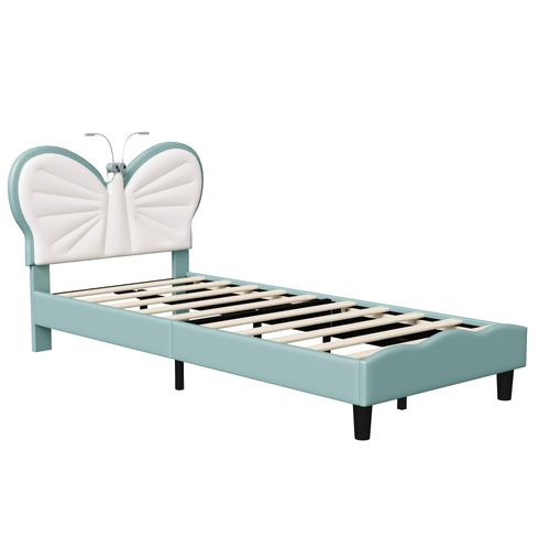 Lit Enfant Rembourré 90x200cm Avec Tête De Lit Réglable, Facile à Monter, Blanc,bleu