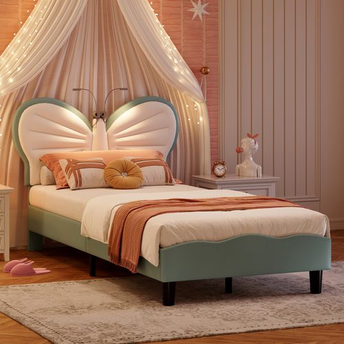 Lit Enfant Rembourré 90x200cm Avec Tête De Lit Réglable, Facile à Monter, Blanc,bleu