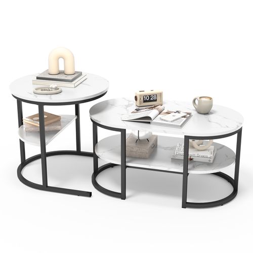 Ensemble De Deux Tables Basses, Ovale Et Ronde, Structure En Métal,noir