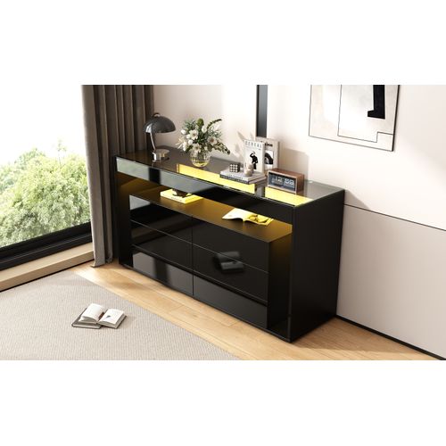 Commode Avec 6 Grands Tiroirs, Buffet LED Avec Plateau En Verre Trempé, Noir