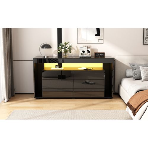 Commode Avec 6 Grands Tiroirs, Buffet LED Avec Plateau En Verre Trempé, Noir