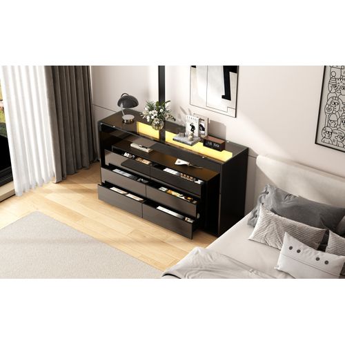 Commode Avec 6 Grands Tiroirs, Buffet LED Avec Plateau En Verre Trempé, Noir