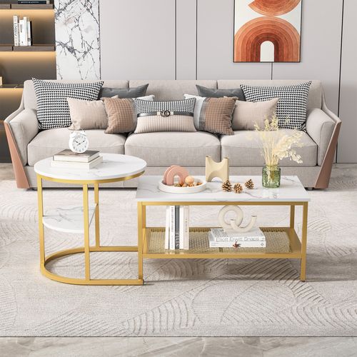 Ensemble De Deux Tables Basses Gigognes Avec Imprimé Marbre Blanc Et Cadre En Métal Doré