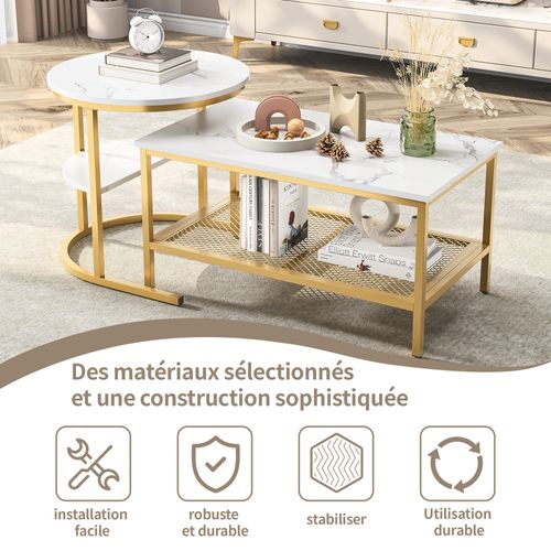 Ensemble De Deux Tables Basses Gigognes Avec Imprimé Marbre Blanc Et Cadre En Métal Doré