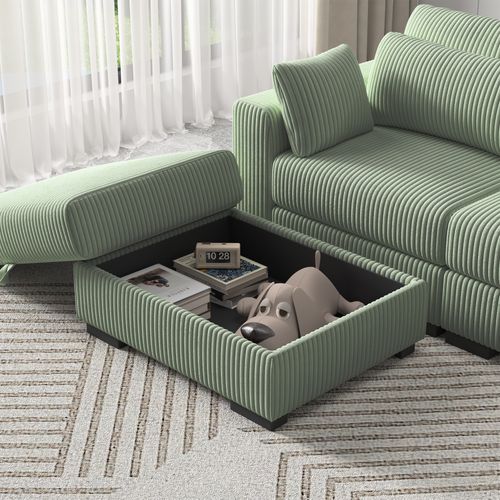 Pouf Avec Rangement En Velours Côtelé, 88 Cm, Vert