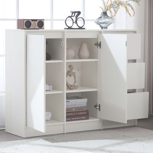Buffet Moderne De 120 Cm, Deux Portes Et Trois Tiroirs,  Blanc