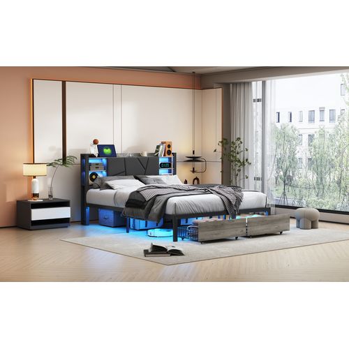 Lit Double 140x200 Cm Avec Rangements Et LEDs - Tête De Lit Velours, Coffre Hydraulique, Ports USB/Type-C | Sans Matelas