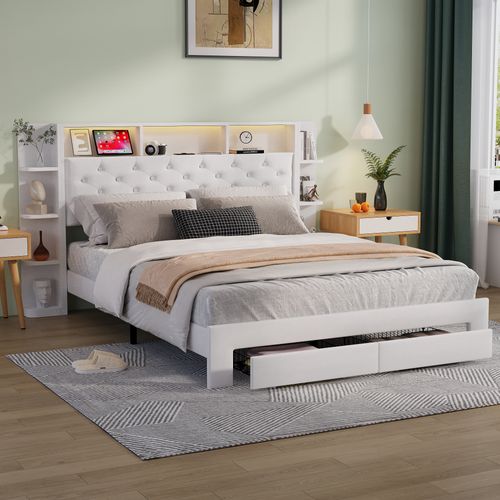 Lit Double 160x200cm Avec Sommier Et Tiroirs Avec LED Et USB, Tête De Lit Avec Rangement, Blanc