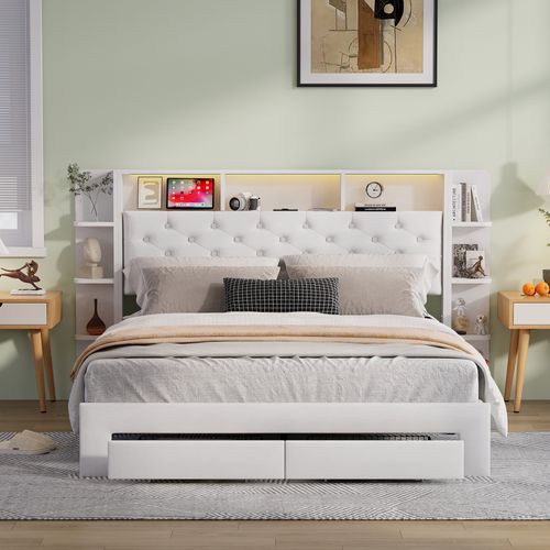 Lit Double 160x200cm Avec Sommier Et Tiroirs Avec LED Et USB, Tête De Lit Avec Rangement, Blanc