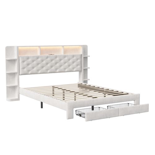 Lit Double 160x200cm Avec Sommier Et Tiroirs Avec LED Et USB, Tête De Lit Avec Rangement, Blanc