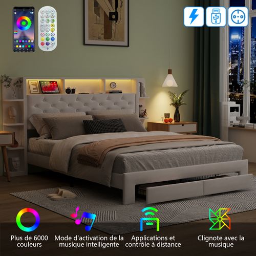 Lit Double 160x200cm Avec Sommier Et Tiroirs Avec LED Et USB, Tête De Lit Avec Rangement, Blanc