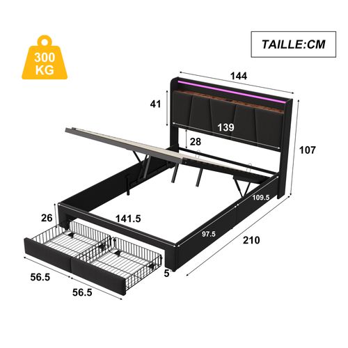 Lit Double 140 X 200 Cm Avec Éclairage LED, Prise USB, Rangement, Tête De Lit Capitonnée, Noir