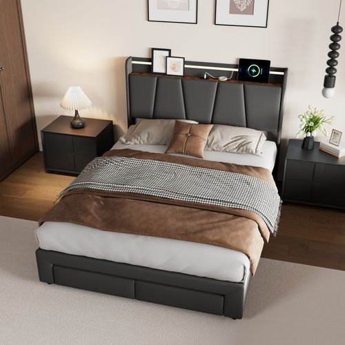 Lit Double 140 X 200 Cm Avec Éclairage LED, Prise USB, Rangement, Tête De Lit Capitonnée, Noir