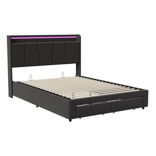 Lit Double 140 X 200 Cm Avec Éclairage LED, Prise USB, Rangement, Tête De Lit Capitonnée, Noir