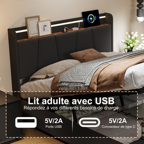 Lit Double 140 X 200 Cm Avec Éclairage LED, Prise USB, Rangement, Tête De Lit Capitonnée, Noir