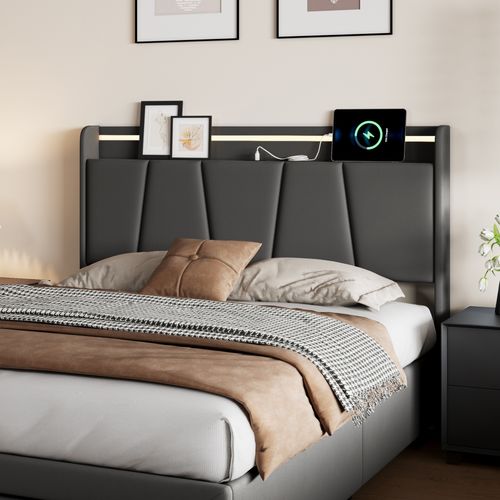 Lit Double 140 X 200 Cm Avec Éclairage LED, Prise USB, Rangement, Tête De Lit Capitonnée, Noir