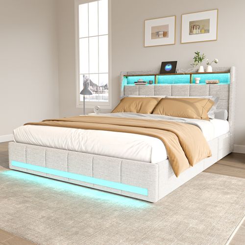 Lit Double Rembourré 140 X 190 Cm Avec Rangement,éclairage LED,prises USB Et Type-c,4 Tiroirs,beige