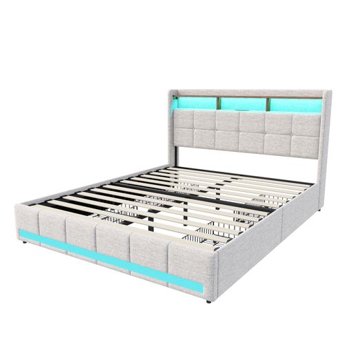 Lit Double Rembourré 140 X 190 Cm Avec Rangement,éclairage LED,prises USB Et Type-c,4 Tiroirs,beige
