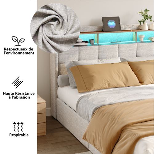 Lit Double Rembourré 140 X 190 Cm Avec Rangement,éclairage LED,prises USB Et Type-c,4 Tiroirs,beige