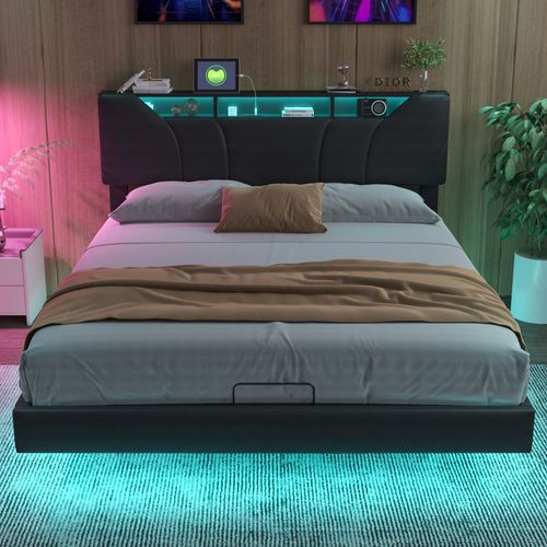 Lit Coffre 160x200 Cm Avec Chargement USB, Éclairage LED, Rangements Et Étagères, Noir