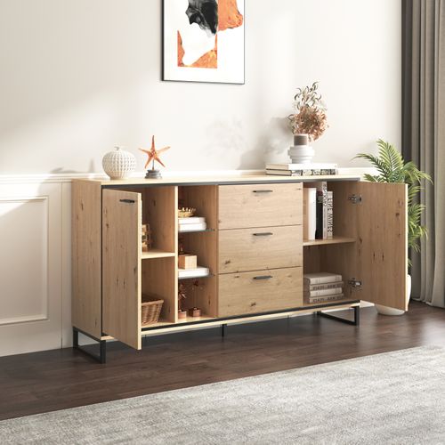 Buffet Avec 2 Portes Et 3 Tiroirs, Noir Et Bois