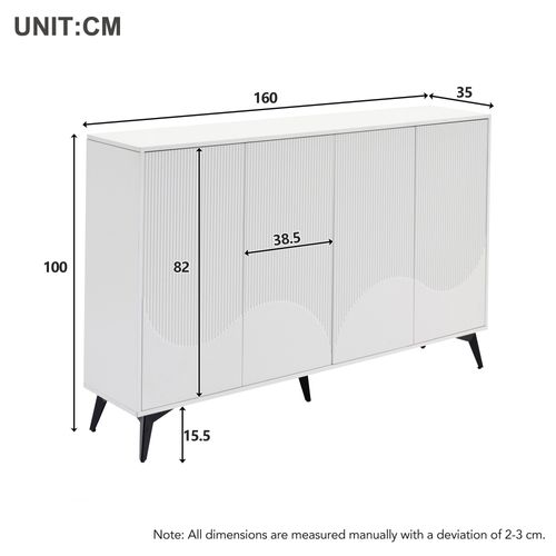 Buffet Blanc 160 Cm, Buffet Multifonctionnel Avec Étagères Réglables, 4 Portes, Pieds En Métal