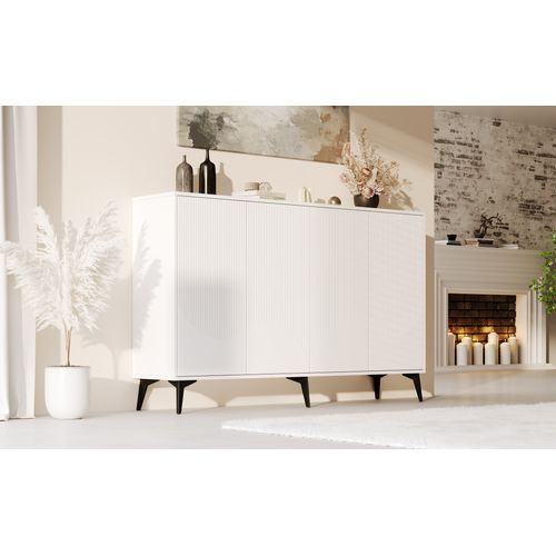 Buffet Blanc 160 Cm, Buffet Multifonctionnel Avec Étagères Réglables, 4 Portes, Pieds En Métal