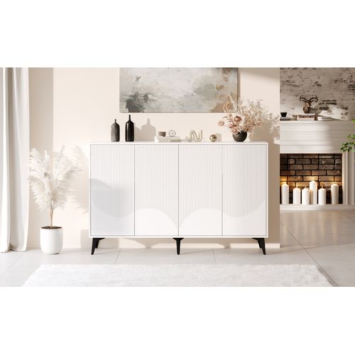 Buffet Blanc 160 Cm, Buffet Multifonctionnel Avec Étagères Réglables, 4 Portes, Pieds En Métal