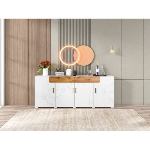 Buffet, Meuble De Rangement, 208 X 39,5 X 80 Cm, Commode 4 Portes, 2 Tiroirs, Blanc