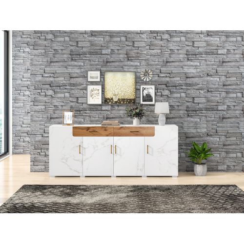 Buffet, Meuble De Rangement, 208 X 39,5 X 80 Cm, Commode 4 Portes, 2 Tiroirs, Blanc