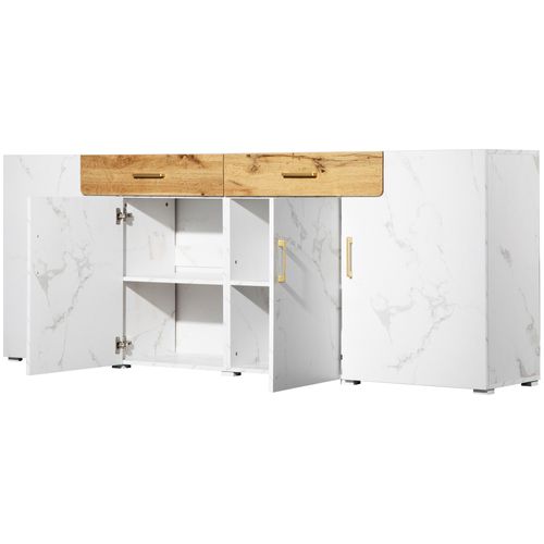 Buffet, Meuble De Rangement, 208 X 39,5 X 80 Cm, Commode 4 Portes, 2 Tiroirs, Blanc