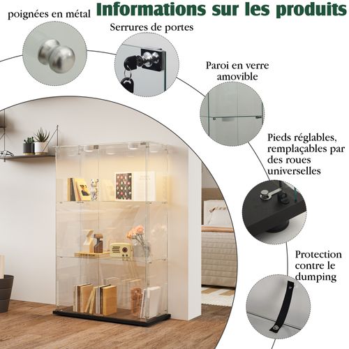 Vitrine En Verre Avec LED, 3 Niveaux, Vitrine De Collection, Vitrine D'exposition à Double Porte