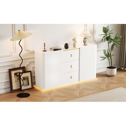 Buffet LED 150 Cm, Buffet Multifonctionnel Avec 2 Portes Et 2 Tiroirs, Avec Éclairage LED, Blanc