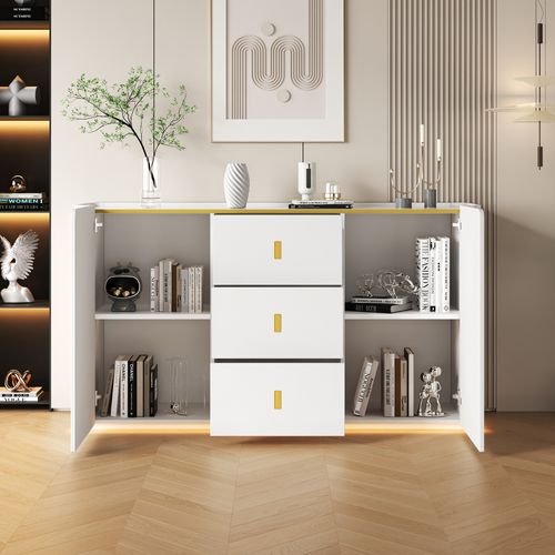Buffet LED 150 Cm, Buffet Multifonctionnel Avec 2 Portes Et 2 Tiroirs, Avec Éclairage LED, Blanc