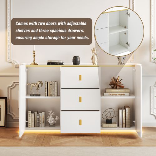 Buffet LED 150 Cm, Buffet Multifonctionnel Avec 2 Portes Et 2 Tiroirs, Avec Éclairage LED, Blanc