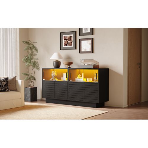 Buffet 130 Cm Avec 2 Armoires, 4 Compartiments, Éclairage LED, Nombreux Rangements, Noir