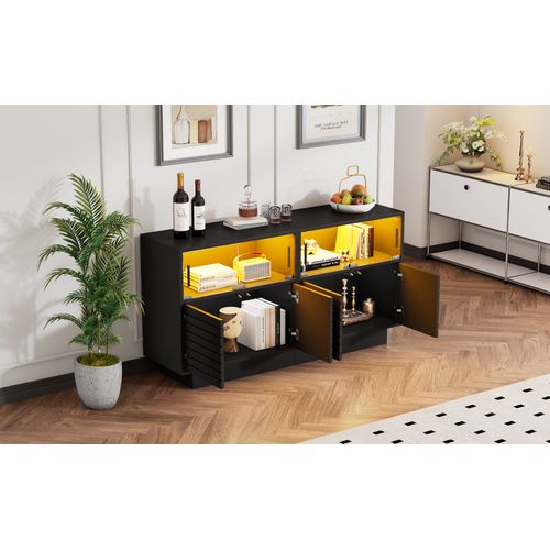 Buffet 130 Cm Avec 2 Armoires, 4 Compartiments, Éclairage LED, Nombreux Rangements, Noir