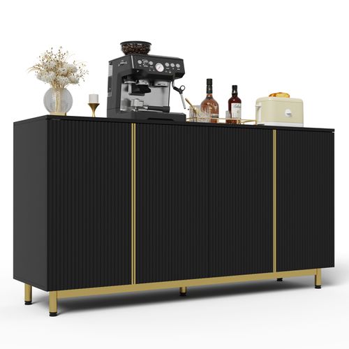 Buffet 150 Cm Avec Portes Rainurées Ondulées, Pieds Métalliques Réglables, Anti-basculement, Noir