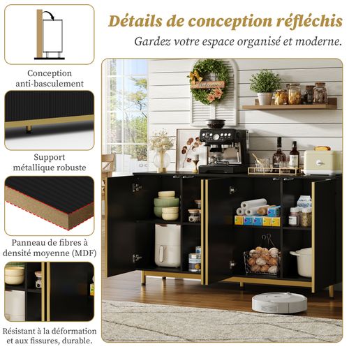 Buffet 150 Cm Avec Portes Rainurées Ondulées, Pieds Métalliques Réglables, Anti-basculement, Noir