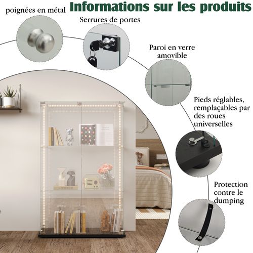 Vitrine En Verre Avec LED, 3 Niveaux, Vitrine De Collection, Vitrine D'exposition à Double Porte