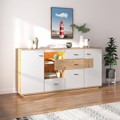 Buffet Moderne Avec Éclairage LED, 160x40x77cm, Avec 2 Portes Et 4 Tiroirs, Blanc