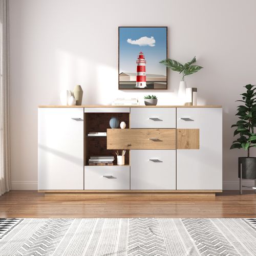 Buffet Moderne Avec Éclairage LED, 160x40x77cm, Avec 2 Portes Et 4 Tiroirs, Blanc