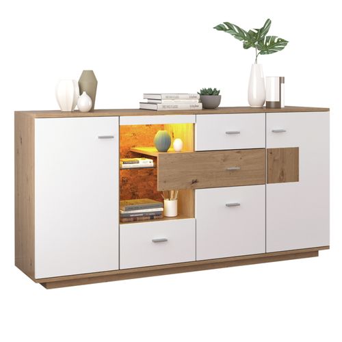 Buffet Moderne Avec Éclairage LED, 160x40x77cm, Avec 2 Portes Et 4 Tiroirs, Blanc