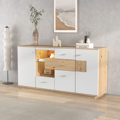Buffet Moderne Avec Éclairage LED, 160x40x77cm, Avec 2 Portes Et 4 Tiroirs, Blanc