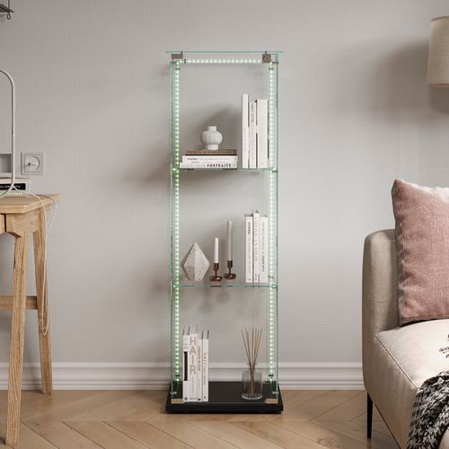 Vitrine En Verre Avec Bande Lumineuse LED, Avec 3 Étagères Et Portes, 123x40x35 Cm, Noir